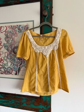 Yellow Crochet-Trim Scoop Neck Women's Top